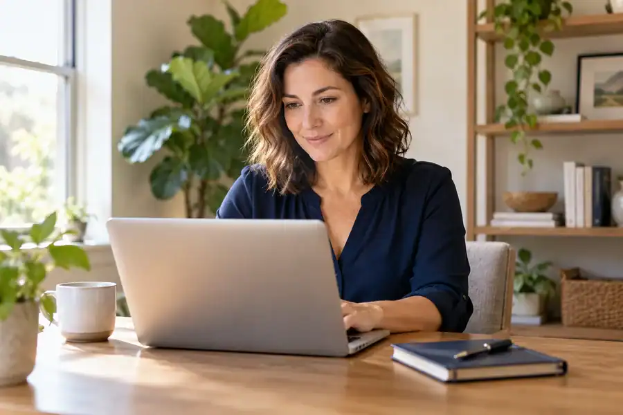 A self-employed business owner working at a laptop in her home office.
