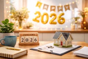 About Us 6 A cozy home planning workspace with a miniature house, desk calendar showing January 2026, and festive decorations, highlighting future home loans, mortgage planning, and real estate financing.