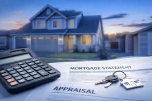 About Us 2 Modern calculator, mortgage statement, keys, and house on background, representing future home loans, mortgage approval, and property financing at Future Loans.