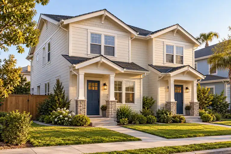 Illustrative duplex rental property with two front entrances