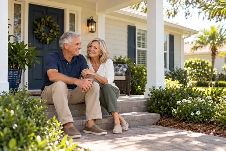 Illustrative mature homeowners sharing a relaxed moment on their front porch