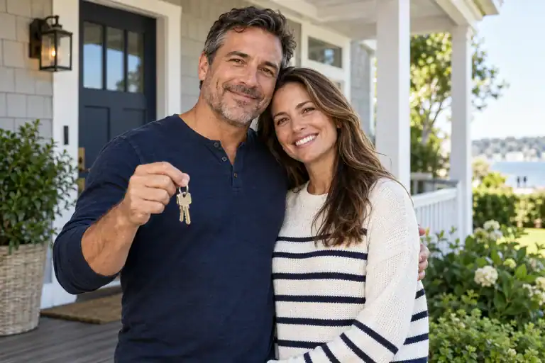 A couple holding house keys on the front porch of a home