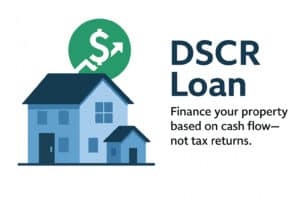 Flat illustration of an investor using a DSCR loan to finance a rental property. DSCR loans qualify based on rental income and cash flow, not tax returns.