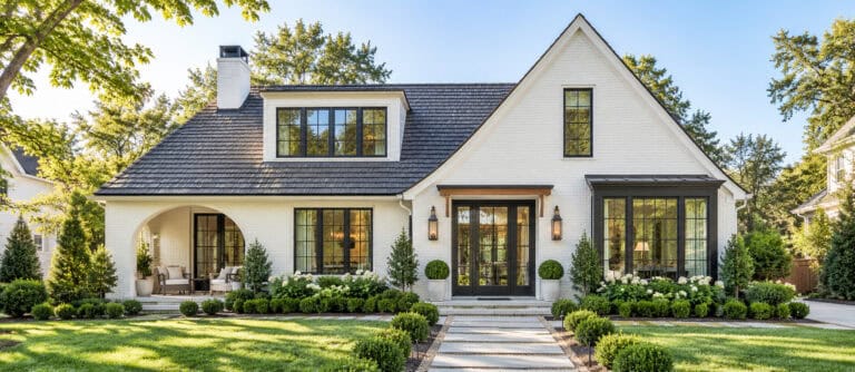 Secure Your Financing 1 White brick home with a steep gable, dark-framed windows and landscaped front path