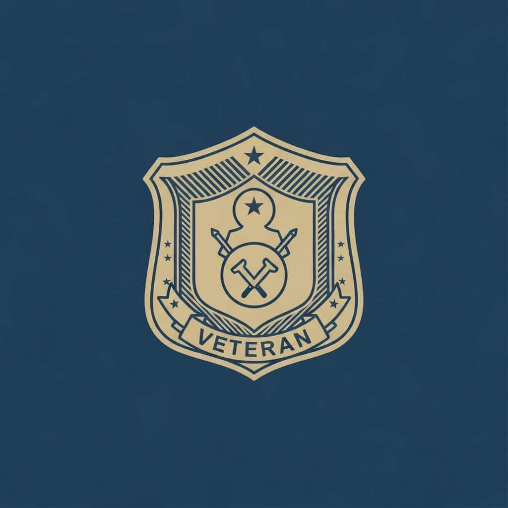 Military veteran shield emblem with stars and crossed tools, representing honor and service.